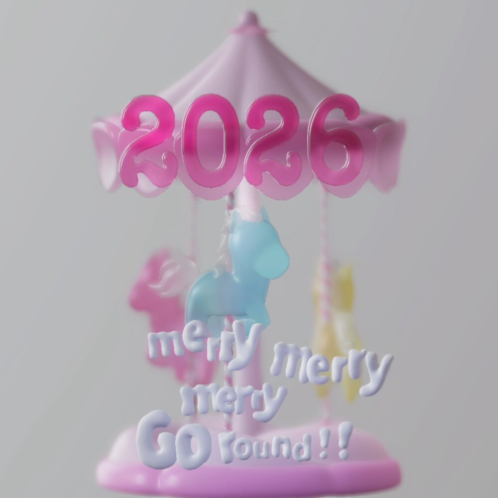 2026 Greeting Card 午年をテーマに、「merry merry GO round」のグラフィックをスカルプトモデリングで制作しました。
